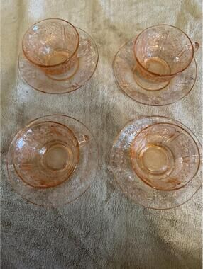 Pair Depression Glass Federal Pink Sharon Pink Cups And Saucers Set Of 4